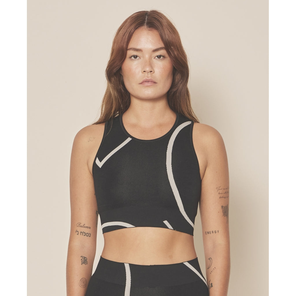 Moonchild Yoga Wear Loud Logo Crop Top Seamless Tops Black / Sustained Grey